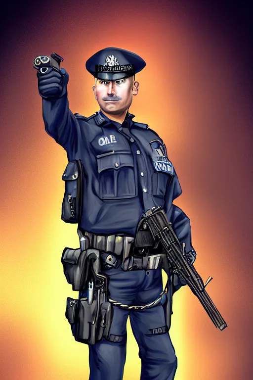 Image similar to london police officer heroically posing, highly detailed, digital art, sharp focus, trending on art station