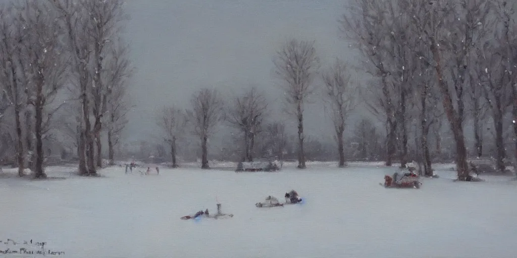 Prompt: a big circus in the snow ground, distant view ， oil painting