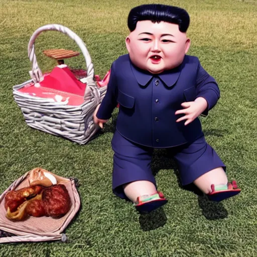 Image similar to screaming kim jong un doll having a picnic with jimin doll