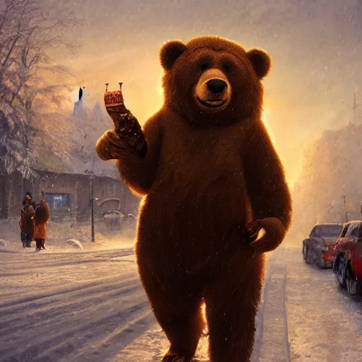 Prompt: smiling brown bear with vodka and balalaika in winter at streets of Moscow, sharp focus, fantasy style, octane render, volumetric lighting, 8k high definition, by greg rutkowski, highly detailed, trending on art Station