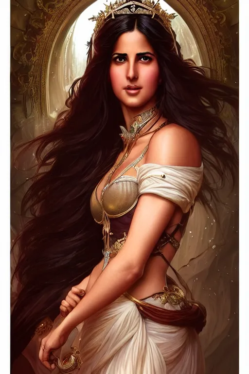 Image similar to katrina kaif as a princess, fantasy, intricate, elegant, highly detailed, digital painting, artstation, concept art, matte, sharp focus, illustration, art by artgerm and greg rutkowski and alphonse mucha