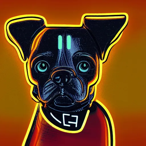 Image similar to neon noir portrait of a small cyborg dog, illustration