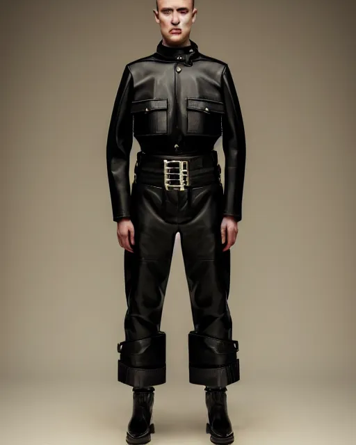 Image similar to an award - winning editorial photo of an irradecent extremely baggy cropped short ancient medieval designer menswear leather police jacket with an oversized collar and baggy bootcut trousers designed by alexander mcqueen, 4 k, studio lighting, wide angle lens