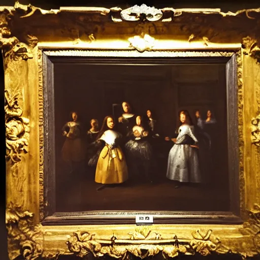 Image similar to super quality family portrait of the castles garden painted in 1 6 5 6, dark room, one point of light coming through the window inspired by las meninas, clear spaces between each subject and good detail and realistic eyes, faces for each person in the canva, inspired by diego velasquez baroque style