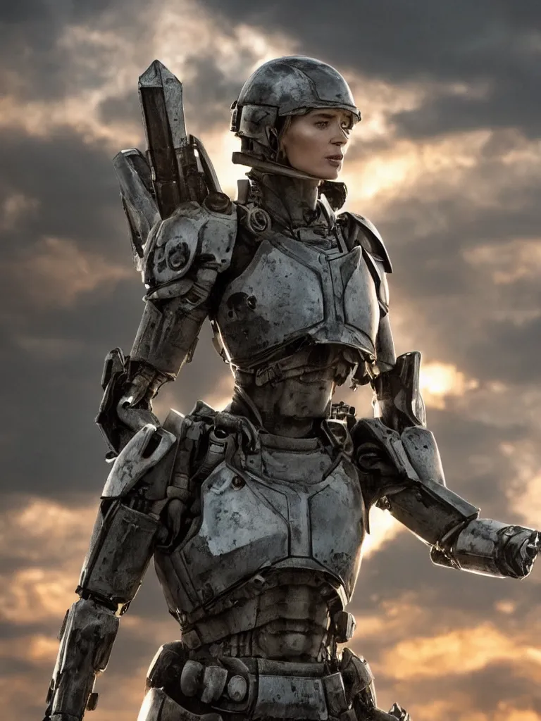 Image similar to emily blunt in futuristic power armor, standing on a hill, holding a sword, edge of tomorrow, angel of verdun, sunset