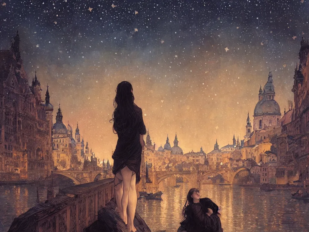 Prompt: a girl watching from the river of a city resembling prague, paris, and venice at night with the sky full of stars, intricate, elegant, highly detailed, digital painting, artstation, concept art, smooth, sharp focus, colored illustration for tattoo, art by krenz cushart and artem demura and alphonse mucha,