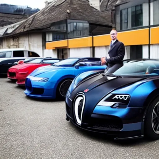 Image similar to an army of andrew tates standing next to a bugatti.