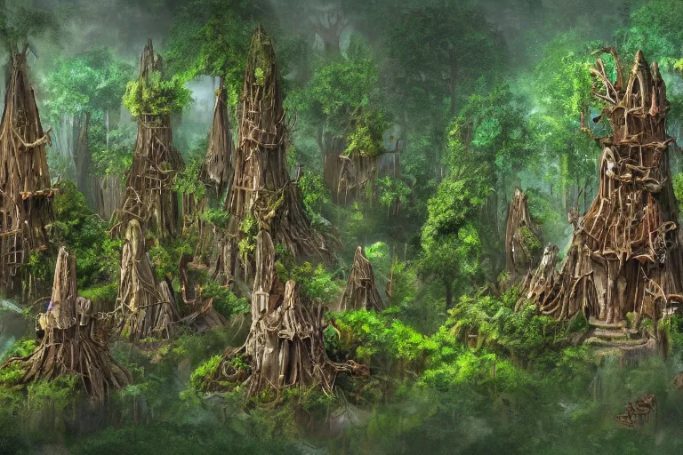 Image similar to a wood elf village suspended high in the redwood tree canopy, fantasy setting, dense vegetation, very detailed, d & d concept art, 4 k