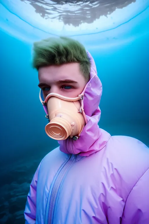 Prompt: high quality pastel coloured film mid angle portrait photograph of a beautiful young 2 0 year old male, soft features, short hair, rubber gas mask and oversized inflated clothing!!!! icelandic black! rock pool environment. atmospheric three point light. photographic. art directed. ( pastel colours ). volumetric. clearcoat. waves. 8 k. filmic.