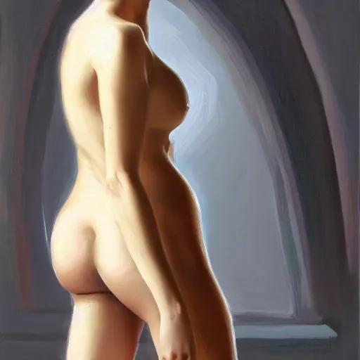 Image similar to an arched woman, oil painting, pale colors, high detail, 8 k, wide angle, trending on artstation,