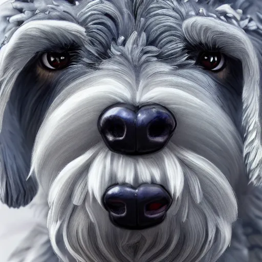 Prompt: highly detailed close up portrait of miniature schnauzer, god of winter, digital art, concept art, character art, studio lightning, bright colors, intricate, masterpiece, photorealistic, hiperrealistic, sharp focus, high contrast, Artstation HQ, DeviantArt trending, 4k UHD, Unreal Engine 5