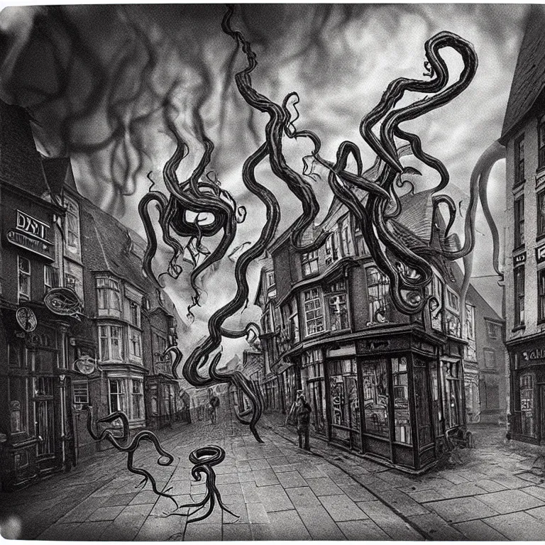 Image similar to evil eldritch smoke and tendril monsters in a typical english high street. terrified people running and screaming. polaroid. photorealistic. highly detailed