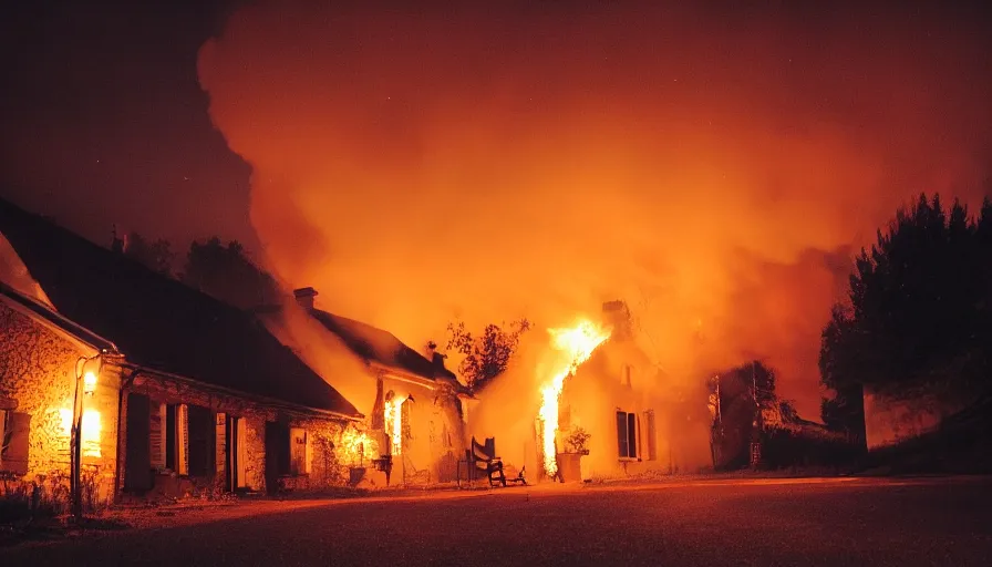 Prompt: mini dv still of a heavy burning french style little house by night in autumn, in a small northern french village, by sony mini dv camera, heavy grain, low quality, high detail, dramatic light, anamorphic, flares