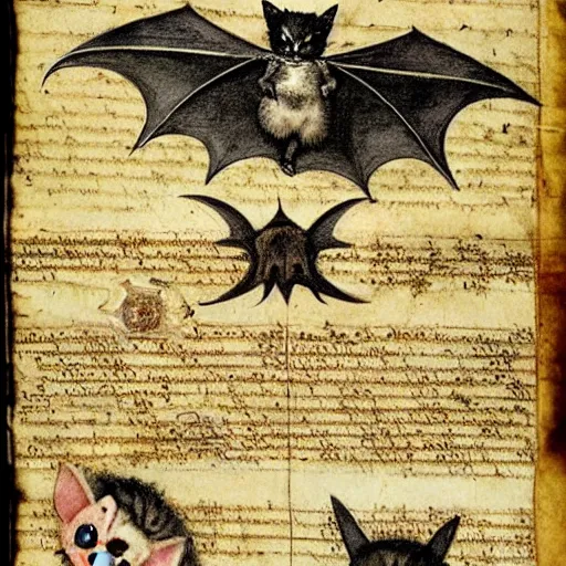 Image similar to anatomy of a bat kitten on parchment, very detailed, by leonardo davinci