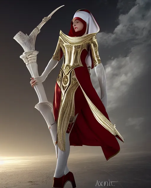 Prompt: red - haired final fantasy white marble egyptian nun protecting donald trump, warframe armor, regal, attractive, ornate, sultry, sexy, beautiful, elize theron, pretty face, green eyes, scifi platform, 4 k, ultra realistic, epic lighting, illuminated, cinematic, black gold, art by alexandra petruk, voidstar