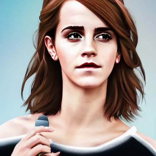 Image similar to portrait of emma watson staring intensely at the viewer, beautiful, long hair, high detail, artstation