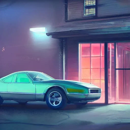 Image similar to concept art of a retro mazda in front of a garage, greg rutkowski, 8 k, highly detailed, neon colors, volumetric lighting