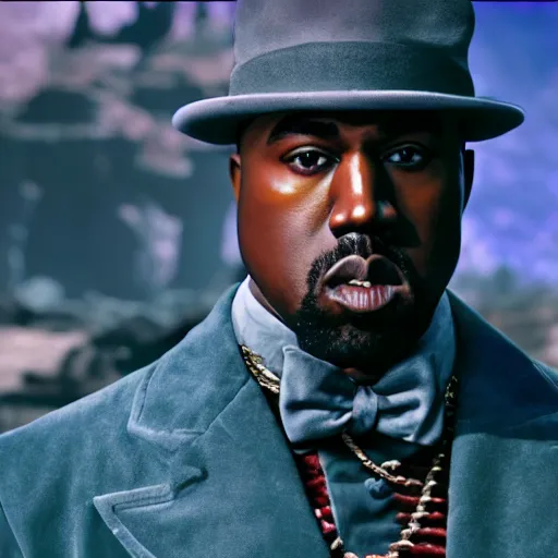 Image similar to Kanye West as willy wonka in fallout new vegas, splash art, movie still, cinematic lighting, dramatic, octane render, long lens, shallow depth of field, bokeh, anamorphic lens flare, 8k, hyper detailed, 35mm film grain