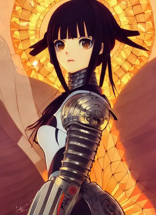 Image similar to ilya kuvshinov anime illustration knight girl in armor, last exile, murata range, fine detail, perfect anime face, dramatic lighting, dynamic composition, art deco, cel shading, vivid, rich texture, ( ( ( yoshinari yoh ) ) ), alphonse mucha, ( ( ( colorful ) ) ), gustav klimt