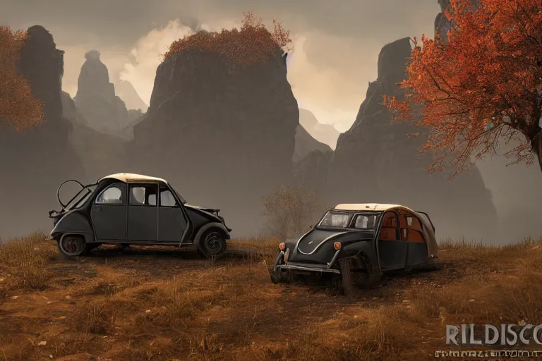 Prompt: offroad citroen 2 cv ( 1 9 6 5 ) driving across the rift, daedric longsword stored on the side of the car, leather and cloth traveller backpacks on roof, riften city in the background, epic fantasy, autumn, the elder scrolls v : skyrim, dramatic lighting, establishing shot, by simon stalenhag