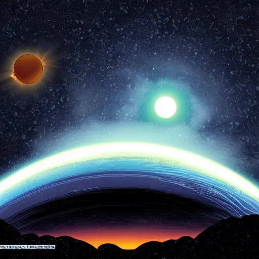 Image similar to orange and blue alien planet landscape with a solar eclipse in the sky, comic book picture