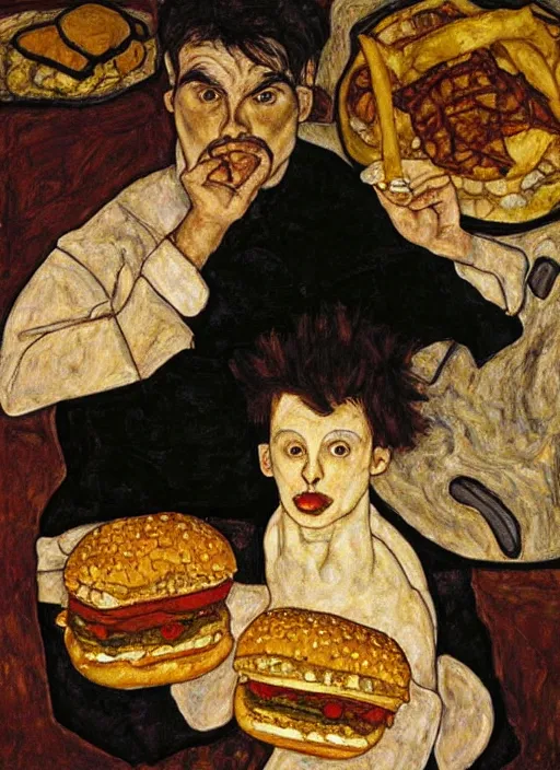 Image similar to young man eating a hamburger in the center of a dark medieval dinning room, surrounded by starving people in front of a giant painting, extremely realistic and highly detailed painting by egon schiele, soft light, gold ratio