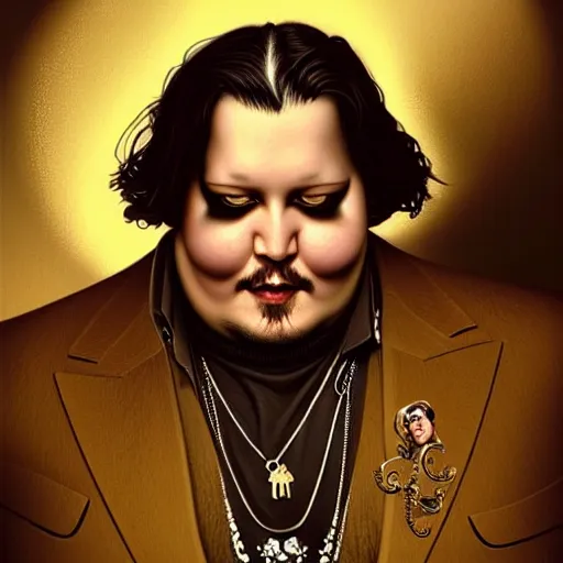 Prompt: fat overweight johnny depp showing his belly, sci fi, glowing eyes, volumetric lights, gold theme, art nouveau botanicals, intricate, highly detailed, digital painting, artstation, concept art, smooth, sharp focus, cinematic, illustration, beautiful face, art by artgerm and greg rutkowski and alphonse mucha