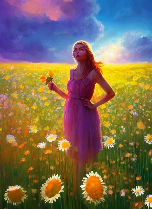 Image similar to girl face made of giant daisies, standing in a flower field, holding flowers, surreal photography, sunset dramatic light, impressionist painting, colorful clouds, large sky, digital painting, artstation, simon stalenhag