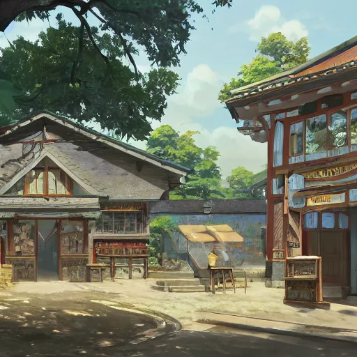 Image similar to concept art painting of a historic bakery with european and japanese architecture, in a woodland village surrounded by trees, realistic, detailed, cel shaded, in the style of makoto shinkai and greg rutkowski and james gurney