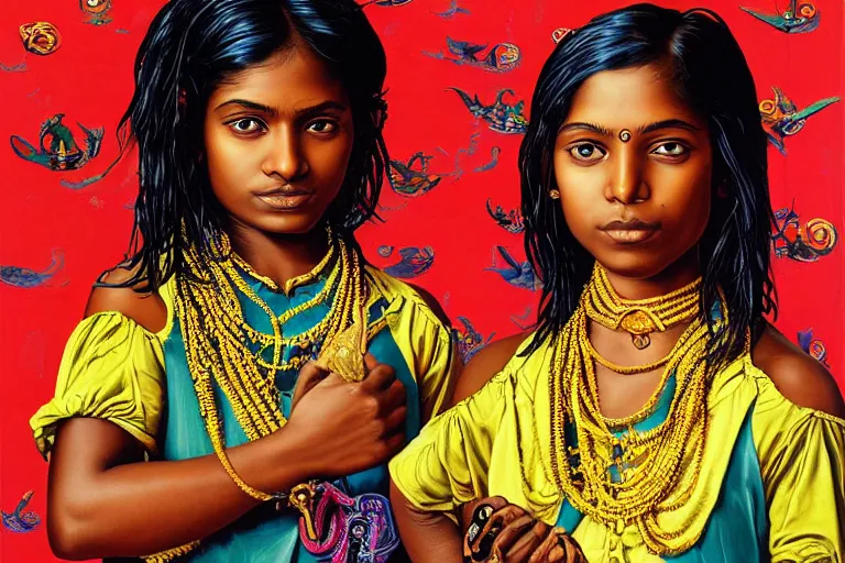 Prompt: a happy sri lankan girl pirate with iridescent skin by kehinde wiley