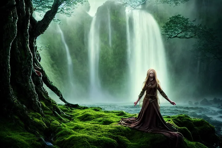 Image similar to an ultra realistic, cinematic, fantasy, headshot portrait, of an elden ring elf, fairy lights, facial features, background of a vast serene landscape, with trees and waterfalls, detailed, deep focus, movie still, dramatic lighting, ray tracing, by michal karcz and yoshitaka amano