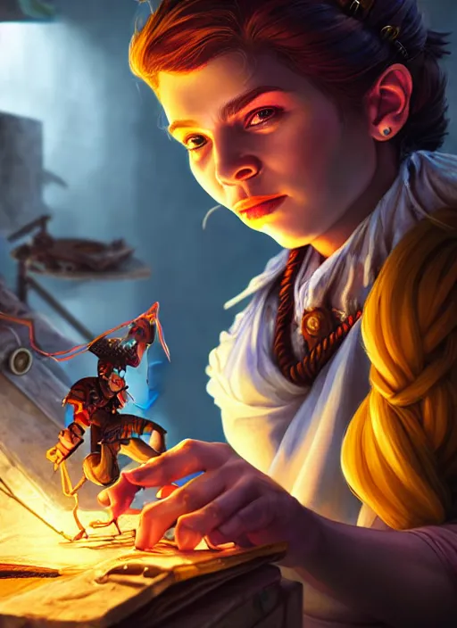 Image similar to An epic fantasy comic book style portrait painting of a young tinker girl working on a device in her workshop, unreal 5, DAZ, hyperrealistic, octane render, cosplay, RPG portrait, dynamic lighting