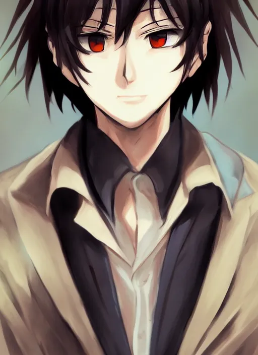 Image similar to anime style portrait, trending on pixiv, black - haired handsome male vampire, focus on face, pretty, cinematic lighting, painterly, long hair, wearing a dark blue shirt, light brown trenchcoat