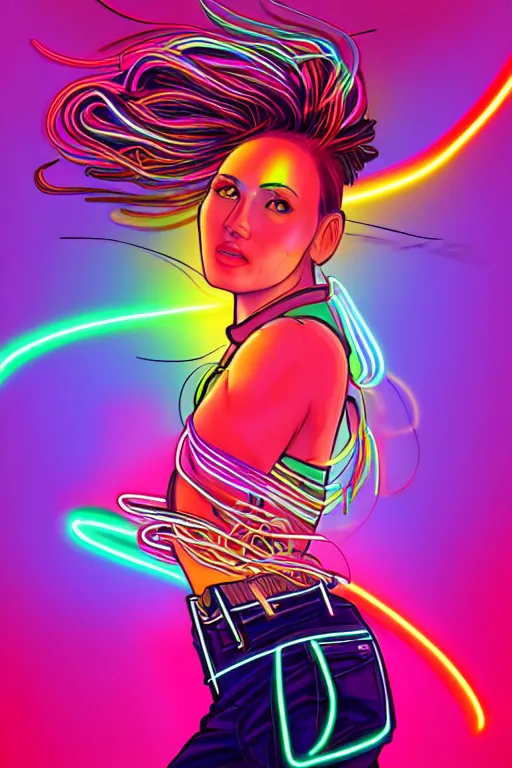 Image similar to a award winning half body portrait of a beautiful woman with stunning eyes in a croptop and cargo pants with rainbow colored ombre hairstyle head in motion and hair flying by thomas danthony, surrounded by whirling illuminated neon lines, outrun, vaporware, shaded flat illustration, digital art, trending on artstation, highly detailed, fine detail, intricate