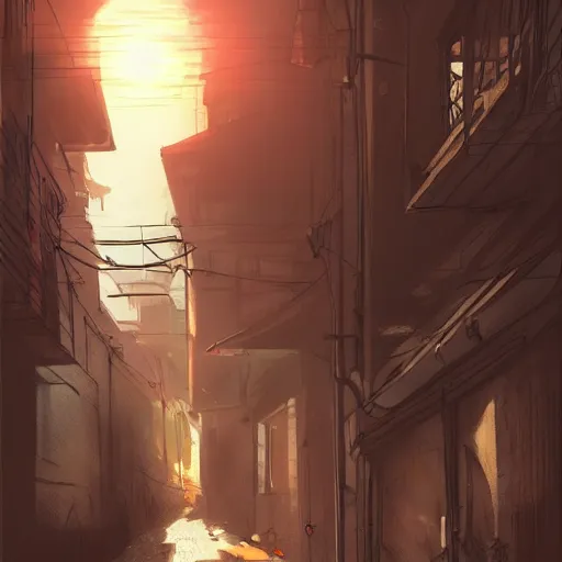 Prompt: A dirty alleyway at sunset, dramatic lighting, illustration by Rossdraws, professional portfolio, 4k, digital art, concept art, golden hour, trending on artstation