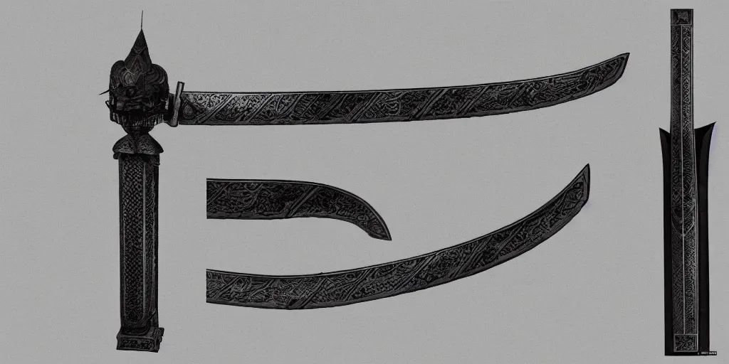 Image similar to reference sheet of ancient sword on black background, matte painting