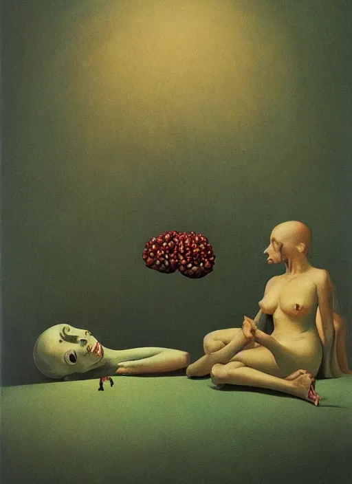 Prompt: She Eats of the Strangling Fruit and Her polyp blossoms bring iridescent fungal flowers whose spores black the foolish stars Edward Hopper and James Gilleard, Zdzislaw Beksinski, Mark Ryden highly detailed