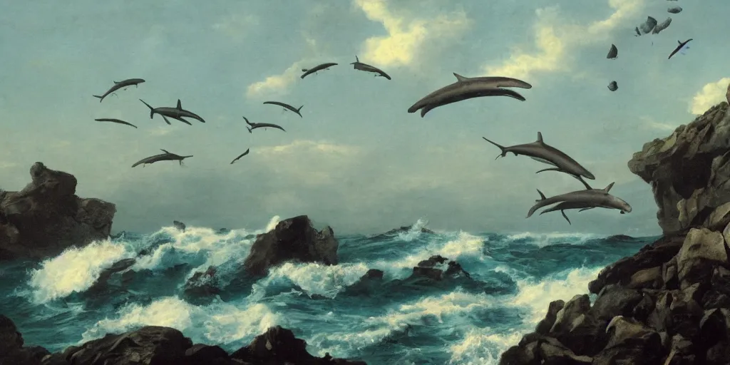 Prompt: hundred sharks seen from a rocky shore, waves