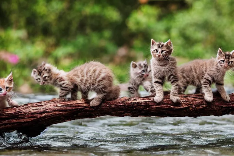 Image similar to kittens walking on a log that crosses a river