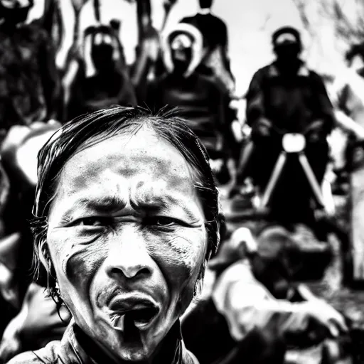 Prompt: hunnic protester face elongated cranium photo black and white wide angle lense