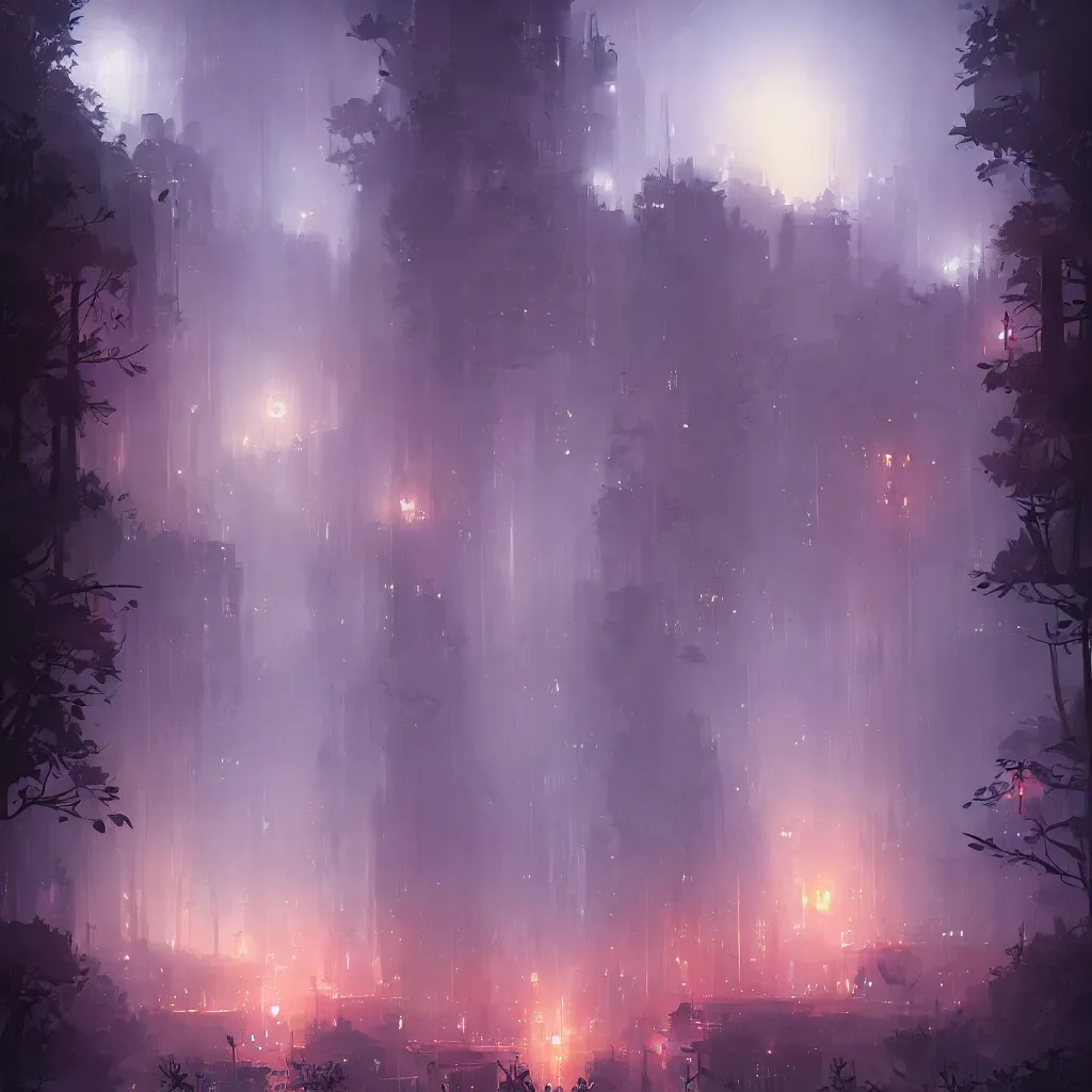 Image similar to city at night by a forest (Ori and the Blind Forest), digital painting, vivid colors, sharp render by Greg Rutkowski