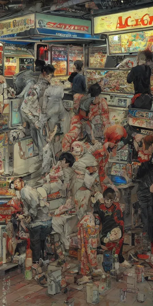 Image similar to oil painting scene from amusement arcade by kim jung gi
