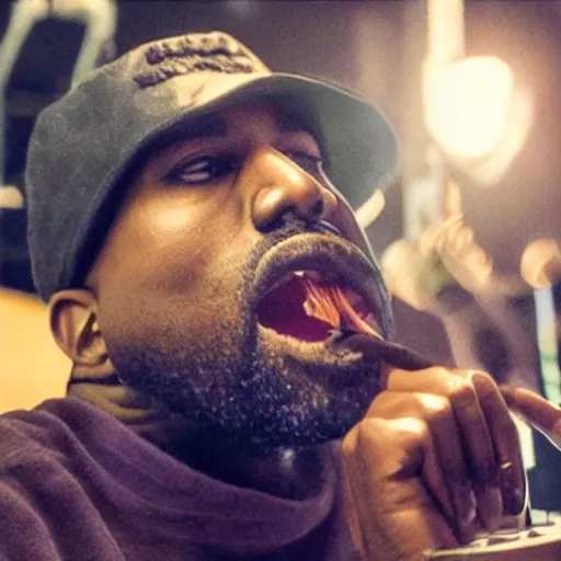 Image similar to blurry, gopro footage of kanye west eating at taco bell, cinematic, volumetric lighting, night, rain