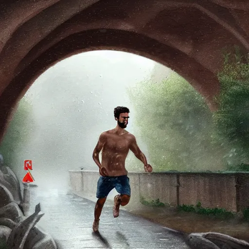 Image similar to italian tall young man with short curly hair and beard, running under a bridge of stone while it rains heavily, romantic view, extremely detailed, digital painting, trending on deviantart