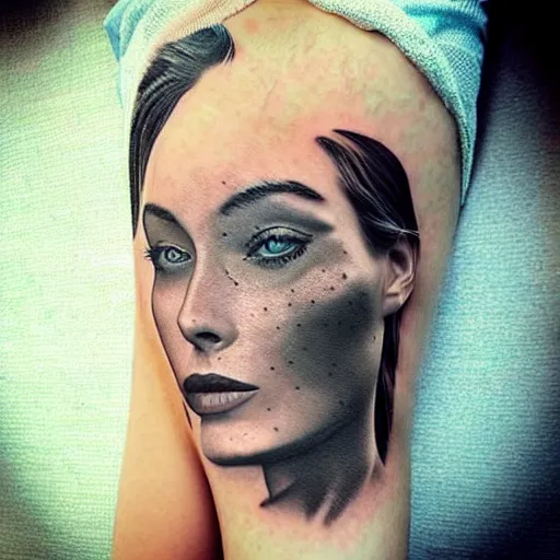 Image similar to surrealist tattoo design of margot robbie and nature double exposure effect, in the style of arlo dicristina, amazing detail