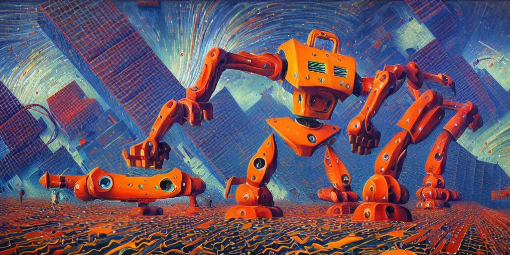 Image similar to Dynamism of a giant robot by Simon Stålenhag and Umberto Boccioni, oil on canvas