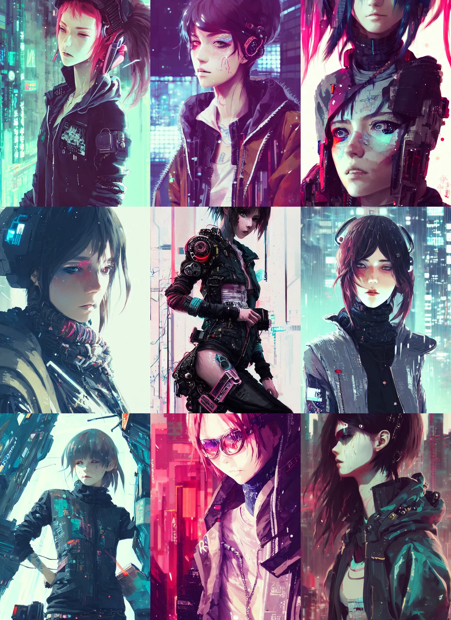 Prompt: very cool girl wearing cyberpunk intricate streetwear, beautiful, detailed portrait, intricate complexity, by krenz cushart, kyoto animation, wlop, conrad roset. 4 k, beautiful, cinematic dramatic atmosphere, sharp focus