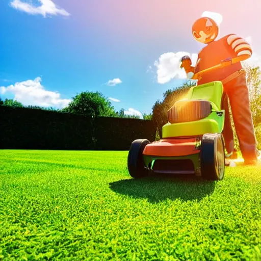 Image similar to Robot mowing the lawn on a bright sunny day, sky is blue with clouds