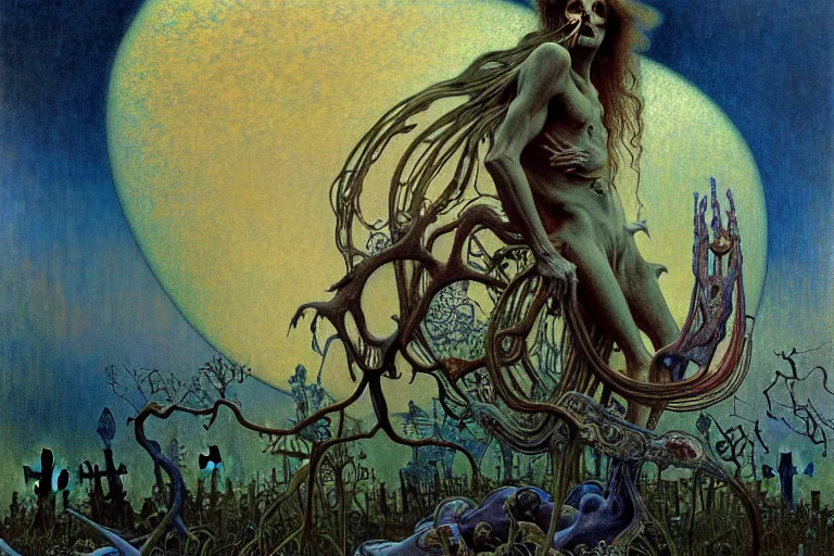 Image similar to realistic detailed portrait painting of a beautiful male zombie, nightly graveyard landscape background by Jean Delville, Amano, Yves Tanguy, Alphonse Mucha, Ernst Haeckel, Edward Robert Hughes, Roger Dean, masterpiece, cinematic composition, dramatic pose, 4k details, rich moody colours, blue eyes