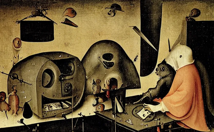 Image similar to an occult machine making copies of a funny little creature by hieronymus bosch